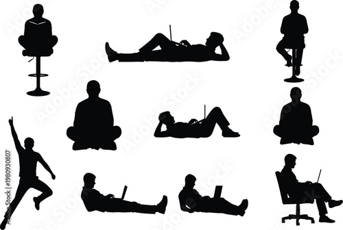 Laptop silhouettes, sitting reclining figures, computer posture illustration, digital lifestyle vector, technology concept art, modern work design icon