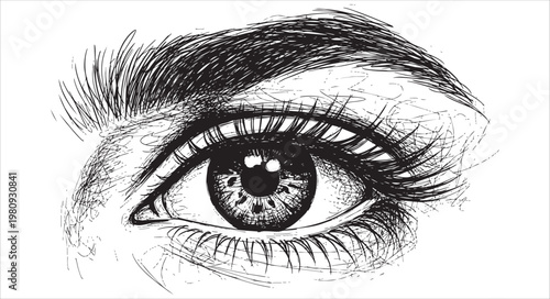 Hand drawn sketch of a human eye with detailed eyelashes and eyebrow