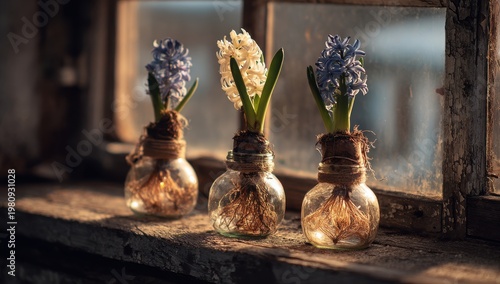 Spring Daffodils and Hyacinths Blooming in Glass Vases on Windowsill