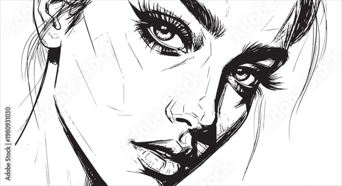 Closeup portrait of a beautiful woman with intense gaze, isolated on white background