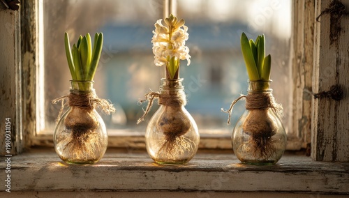 Spring Daffodils and Hyacinths Blooming in Glass Vases on Windowsill