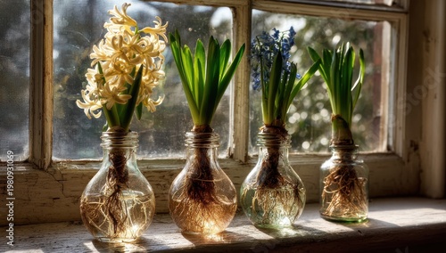 Spring Daffodils and Hyacinths Blooming in Glass Vases on Windowsill