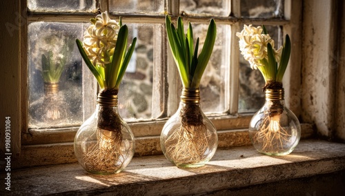 Spring Daffodils and Hyacinths Blooming in Glass Vases on Windowsill