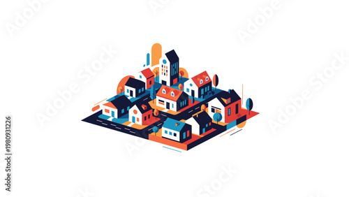 Colorful houses on a square platform.