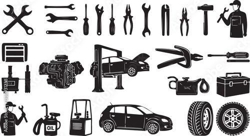 Black and white car repair tools and equipment icons