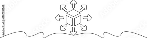 A simple line drawing of a cube with arrows radiating outward from it above a wavy line