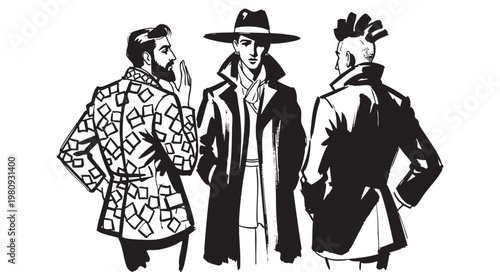 Fashion illustration of three stylish men in trendy outfits