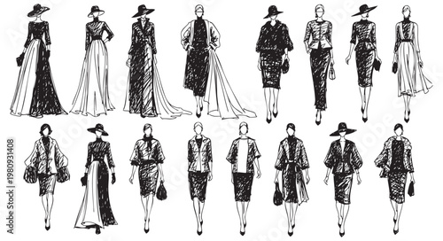 Fashion sketches of women in elegant outfits isolated on white background