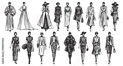 Fashion sketches of women in stylish outfits isolated on white background