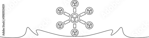 A black and white line drawing of a stylized network diagram with connected cubes above a wavy line