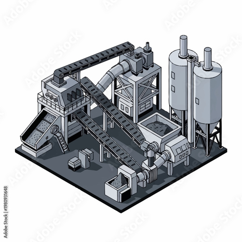 Industrial processing plant with conveyor belts and silos.