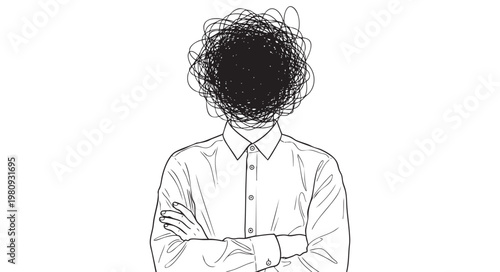 Man with a scribbled messy head isolated on white background