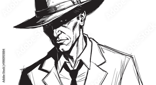 Noir detective in a fedora hat isolated on white background