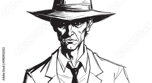 Sketch of a mysterious man in a fedora hat isolated on white background