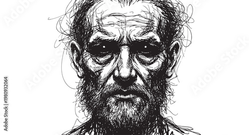 Portrait of a mysterious man with a beard, isolated on white background