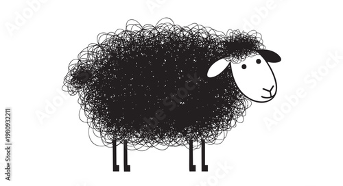 Cute black sheep illustration with scribbled wool isolated on white background