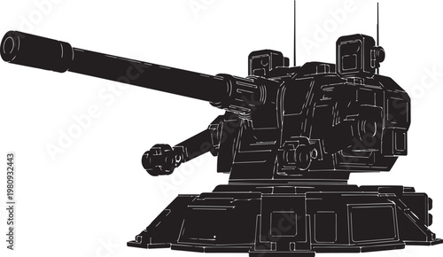 Military tank, black illustration, armored vehicle, combat machine, vector graphics