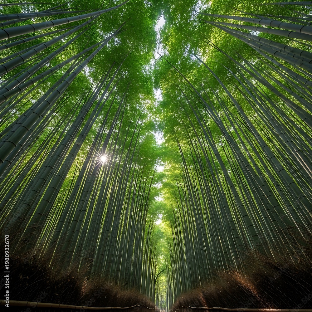 Fototapeta premium Tall green bamboo stalks in forest looking up to sky.