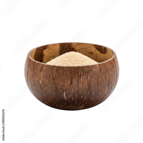 Coconut bowl filled with granular food ingredient