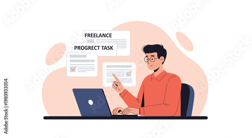 Freelancer working on laptop, progress task, online job, remote work concept
