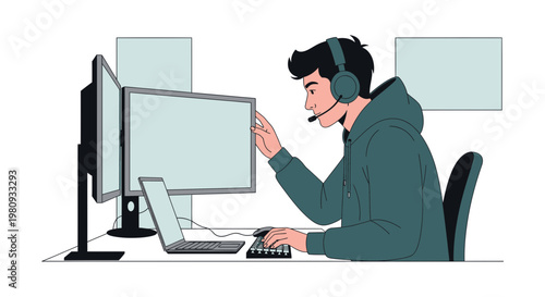 Gamer with Headphones and Multiple Monitors Playing Video Games