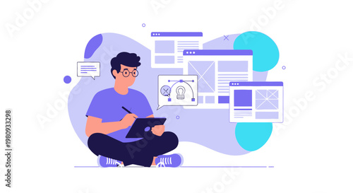 Graphic designer creating website layout on tablet, surrounded by web design elements