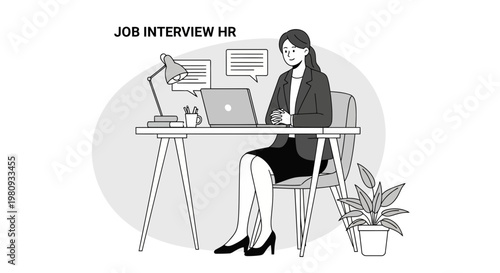 HR Manager Conducting Job Interview Online with Laptop and Chat Bubbles