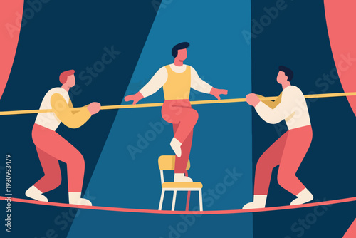 Three circus acrobats balancing on tightrope with chair under dramatic blue and red stage lights, vector illustration.