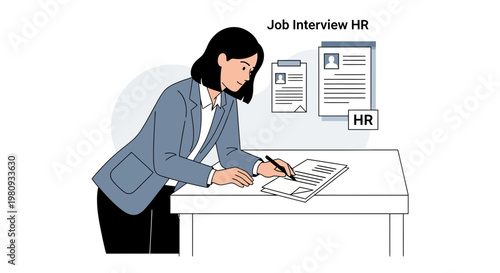 HR professional reviewing resume for job interview, recruitment process illustration