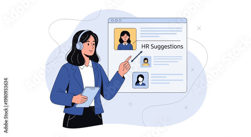 HR professional reviewing candidate profiles on a digital screen with suggestions