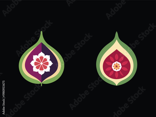 Colorful teardrop shaped floral designs with green leaves and multicolored petals on solid background