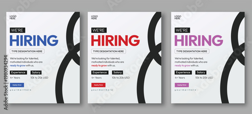 We Are Hiring Job Vacancy Poster Template Set Vector Illustration, Recruitment Social Media Post Design