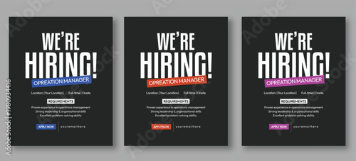 We are hiring job poster, social media post, professional recruitment flyer, Dark Theme Poster