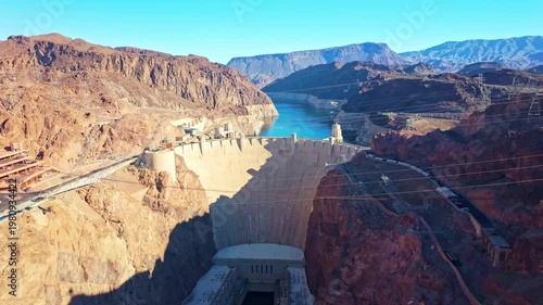 Panoramic aerial view of Hoover Dam from Memorial Bridge in Nevada Arizona
