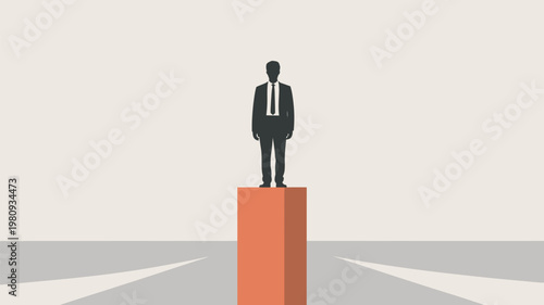 A confident businessman standing on top of a podium, symbolizing success and leadership in a minimalist environment.