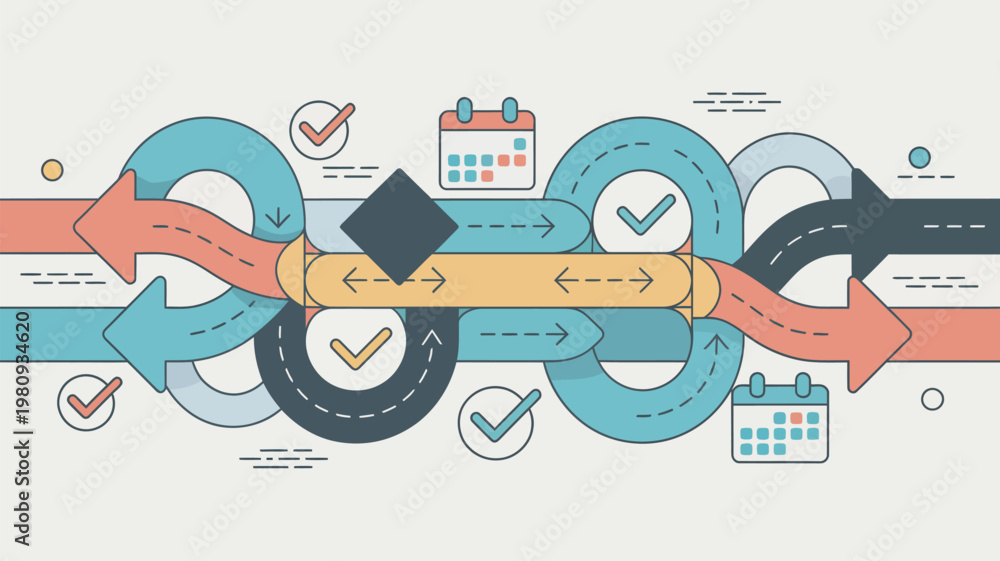 Obraz premium A colorful infographic illustrating a complex process with multiple steps and deadlines