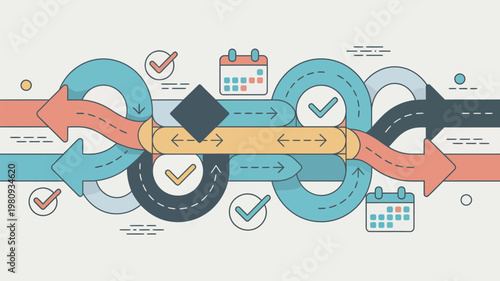 A colorful infographic illustrating a complex process with multiple steps and deadlines