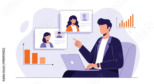 Man analyzing candidate profiles on laptop, recruitment and HR concept