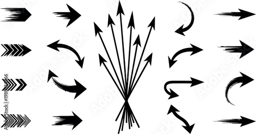 Collection of black and white hand drawn arrow icons representing direction movement and various pointing styles