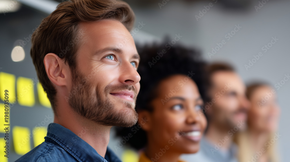 Fototapeta premium Diverse team brainstorming innovative solutions and strategies in a modern office setting, creative collaboration and business planning concept, defocused background, with copy spa