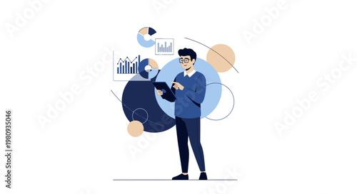 Man analyzing data with tablet, charts, and graphs, business analytics concept