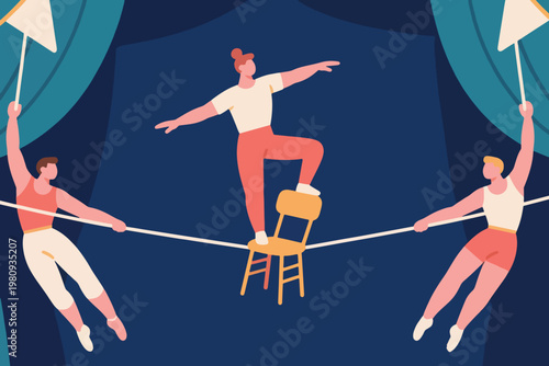Three circus acrobats balancing on rope with chair under blue curtains, vector illustration.