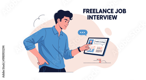 Man in blue shirt pointing at tablet screen with freelance job interview details