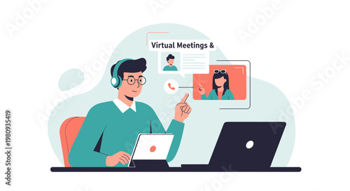Man in Virtual Meeting, Online Communication, Remote Work, Digital Collaboration