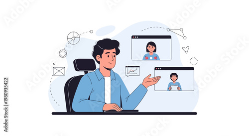 Man in video conference, online meeting, remote work, communication, teamwork, business