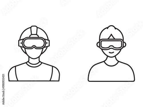 Line drawing of two people wearing virtual reality goggles and helmets for gaming and technology  isolated on white