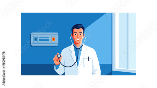 Doctor in white lab coat holding stethoscope.