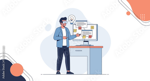 Man in VR headset interacting with digital interface and computer, innovation concept