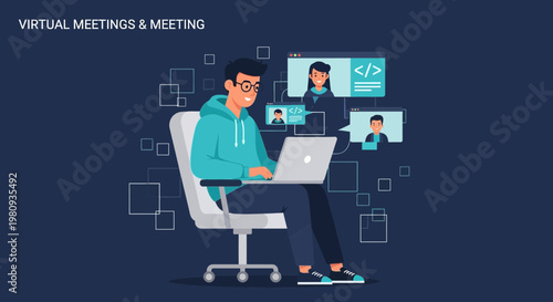 Man in Virtual Meeting, Remote Work, Online Communication, Coding