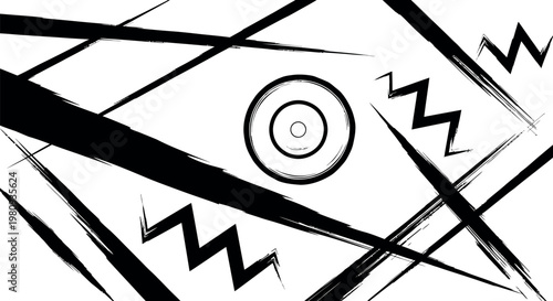 Abstract black and white composition energetic lines and shapes conveying dynamic movement and visual intrigue